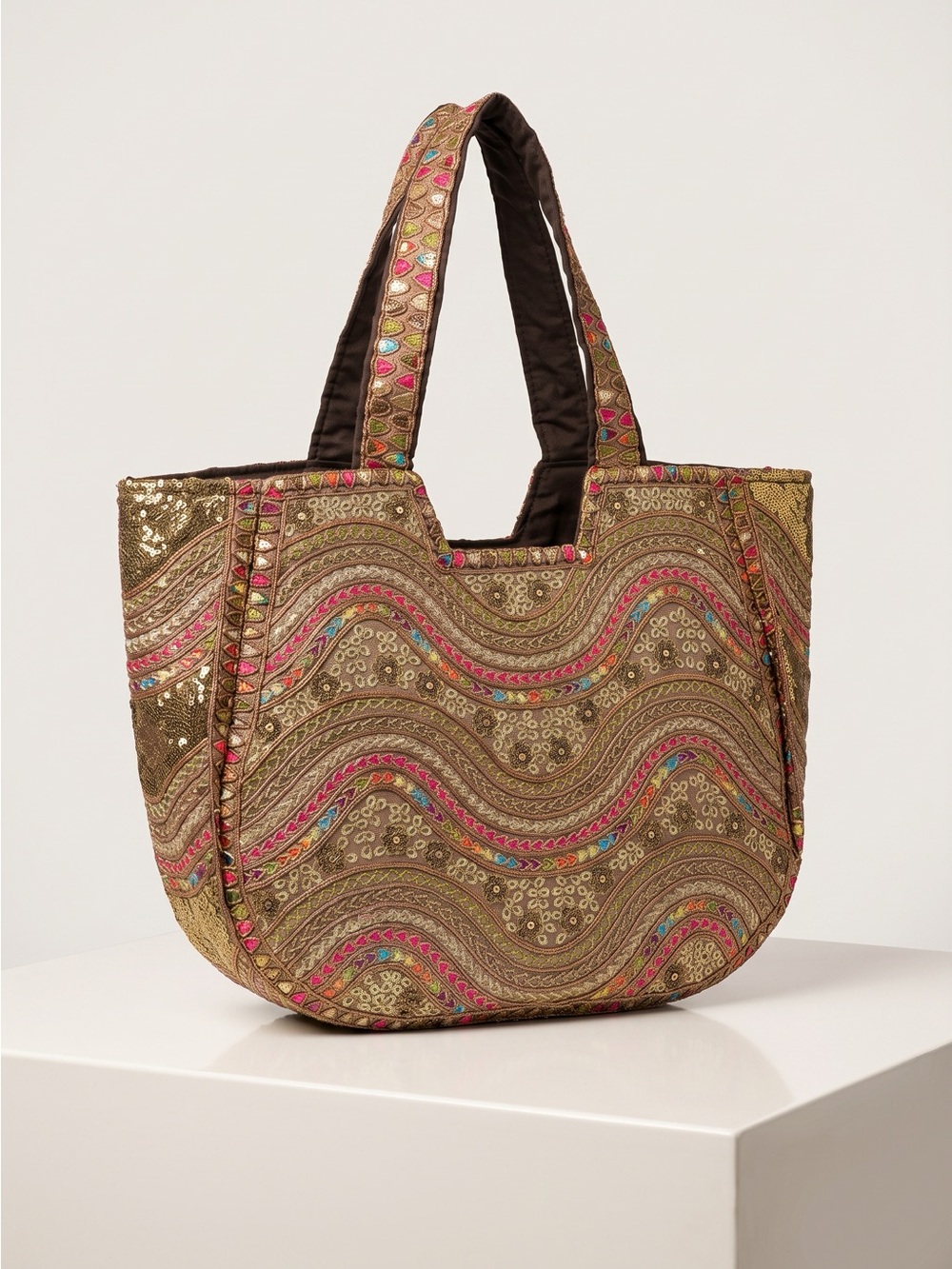 Embellished Metallic Gold Tote with Pink & Turquoise Accents